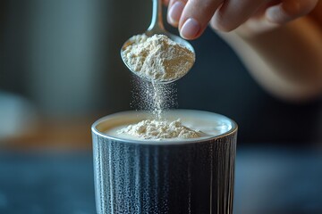 Close-up of a spoon while a young sporty woman pours protein powder into a cup to make a replacement food meal after a workout, Generative AI