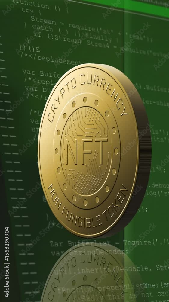 Poster animation of coin with nft and data processing over servers