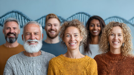 Multicultural group of diverse men and women smiling together with vibrant DNA double helix strands in the background, symbolizing genetic testing, human diversity, and scientific innovatio 87982450 3