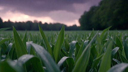 Obraz premium Green cornfield at sunrise with misty purple mountains and village in background, vibrant green and violet tones, space for text.