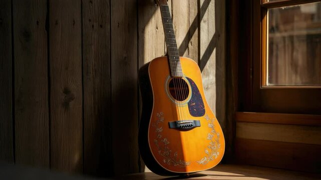 Acoustic guitar with floral designs resting against wooden wall in sunlight