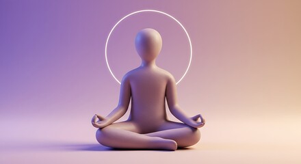 Serene figure in lotus pose meditates, bathed in soft purple and pink light, encircled by a glowing halo.