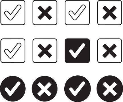 An array of check and cross icons is shown, representing boolean choices. Some have rounded and others squared enclosures.