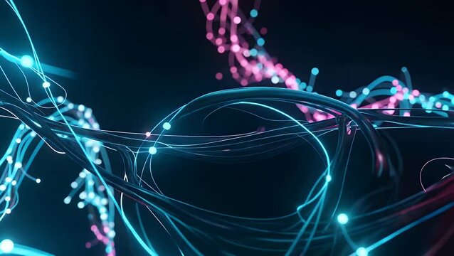 Abstract blue and pink glowing lines with spheres on dark background