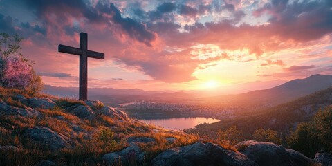 Sunrise over tranquil lake with cross silhouette on hillside near city surrounded by mountains