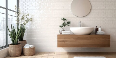 Minimalist white bathroom featuring round mirror, wooden sink underframe, and stylish decor accents.