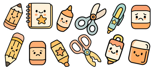 Cute stationery icons including pencils, markers, scissors, and sticky notes with cheerful and sad expressions, perfect for creative projects