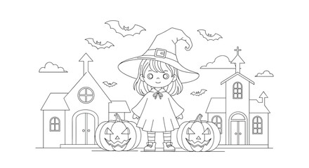 Whimsical halloween witch riding a bicycle through a spooky village scene