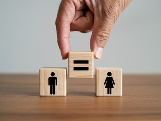 Hand placing equality symbol block between male and female icons on wooden cubes representing gender equality and balance.