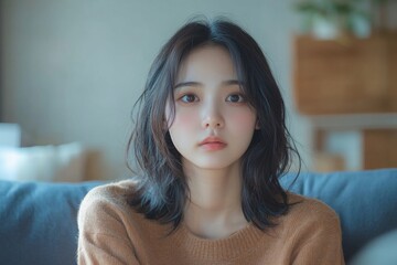Unhappy anxiety young Asian woman sitting on the sofa at home, feeling stressed, Generative AI