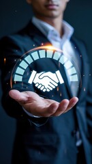Businessman presenting virtual handshake icon representing trust, partnership, agreement, and business collaboration.