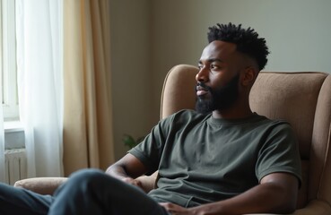 Fototapeta premium Young black man sitting in armchair looking thoughtfully out window. Attractive bearded male inside home. Stylish guy relaxing. Modern interior design. Casual wear, serious face, thinking,