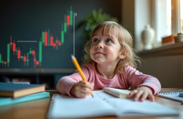 Little girl writes in notebook studying financial charts. Child learns writing drawing at home. Education concept, early childhood development, future investment. Smart kid imagines business.
