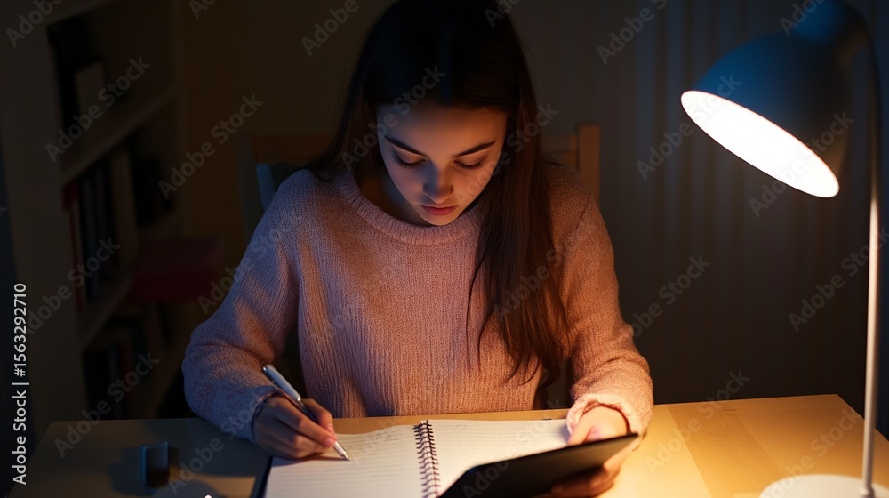 Poster concentrated student girl is learning at home at night, writing notes on her notebook and using a ta