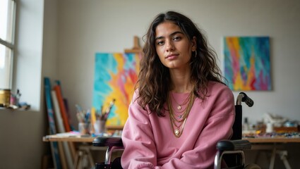 Disabled female artist in wheelchair sitting in studio surrounded by colorful artwork and creative tools. Inclusivity and diversity in art.
