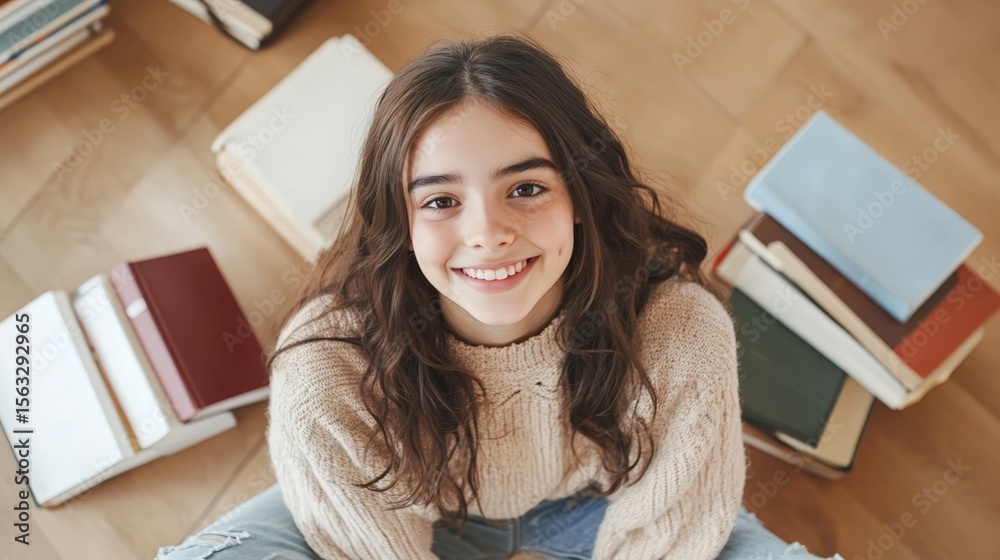 Poster high angle view of a cheerful elementary school student smiling while sitting on a wooden floor surr