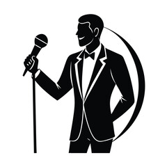Elegant silhouette of a singer in a tuxedo performing with a microphone on a stage