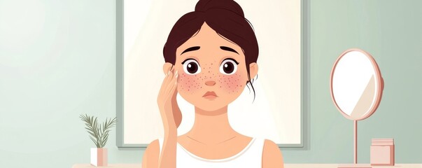 Skin problem treatment. Woman looking at  on her face in the mirror, Generative AI