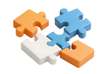 Interlocking puzzle pieces, orange, blue, and white, digitally rendered