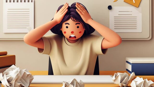 Frustrated student struggles with homework in classroom setting