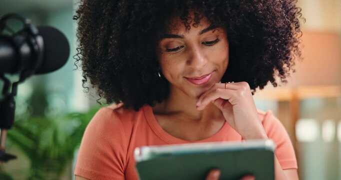 Woman, tablet and typing with smile for podcast with review, notes and application at media company. Person, tech and happy with feedback, checklist and editing script for content creation at studio