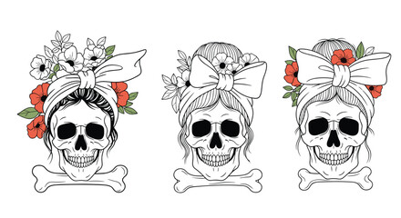 Whimsical skulls adorned with flowers and bows crossed bones halloween art