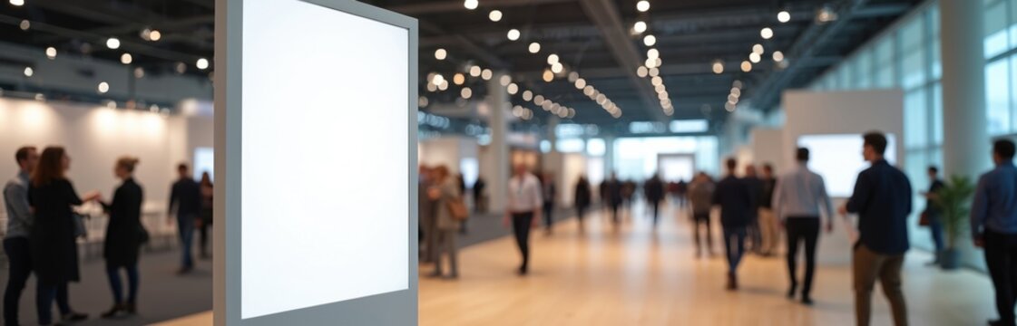 Modern exhibition space with banner mockup. People gather at business event. Blank advertising sign. Corporate trade show, marketing display for promotion. Networking, business, marketing concept.