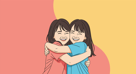 Obraz premium Two joyful sisters embracing each other in a warm colorful embrace sharing a moment of pure happiness together