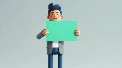 3D smiling young man holding blank green sign - Powered by Adobe