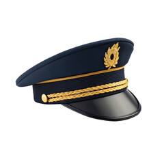 A navy blue captain's hat with gold accents on transparent