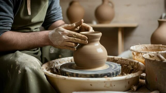 Person shaping ceramic pot on pottery wheel