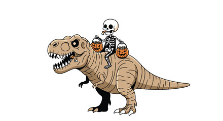 Obraz premium Skeleton rider on dinosaur with pumpkins spooky halloween theme
