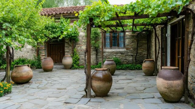 Rustic courtyard with large clay jars, stone pathways, and vibrant green foliage