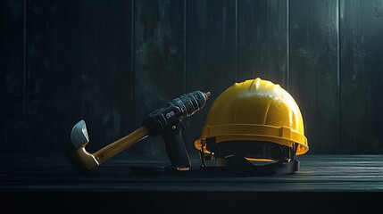 Construction tools still life featuring a yellow helmet drill and a hammer on wood