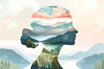 Digital art collage combining a female silhouette depicted in profile with closed eyes, encompassing serenity & elegance with a landscape incorporating various tranquil elements of nature