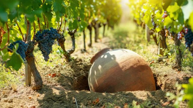 Sunlit vineyard with grapevines and clay pot in soil