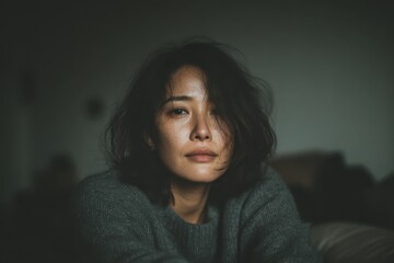 Fototapeta premium Portrait of an Asian Woman Seated with Natural Light and Soft Expressions in a Cozy Setting