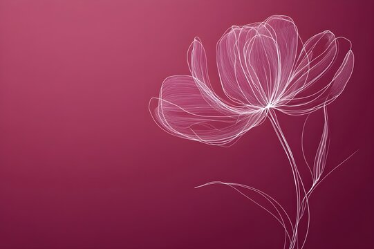 Elegant flower drawn in white continuous line art, minimalist composition of smooth curves, on a magenta background with ample space, no texture, optimized for transparent PNG clipping