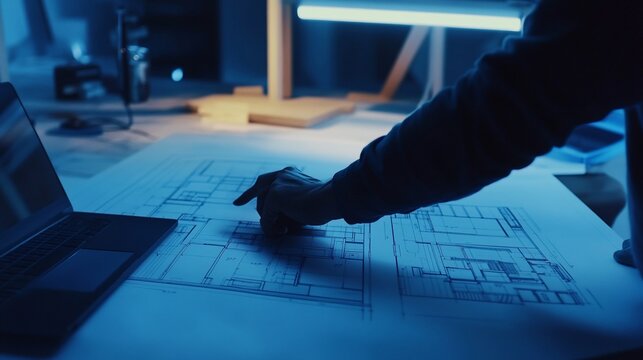 Architect's hand points at blueprint in dimly lit office at night working on project