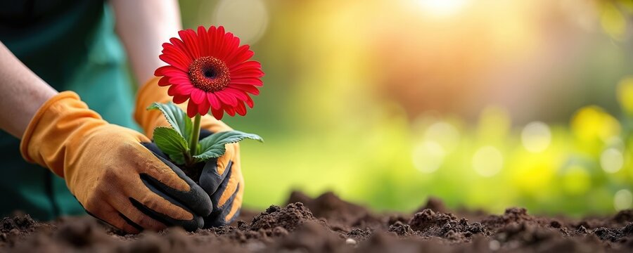 Gardener plants red gerbera daisy flower in soil ground. Hands in gloves, close up shot, spring gardening, outdoor activity. Sunshine, light, nature eco care concept. Hobby, hobbyist, home gardening.