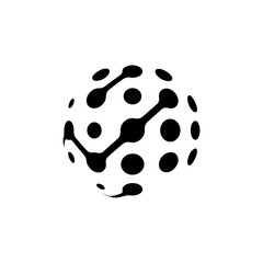 A white 3D abstract globe featuring an organic pattern of black dots and interconnected nodes, evoking molecular structures, neural networks, or data connectivity. This modern tech icon symbolizes art