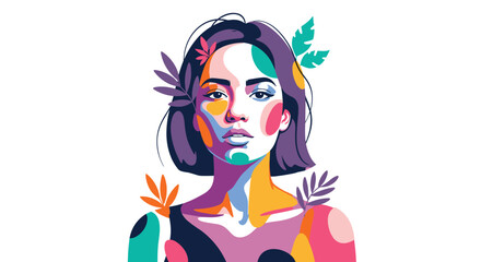 Vibrant portrait of a woman embracing nature with abstract color blocks