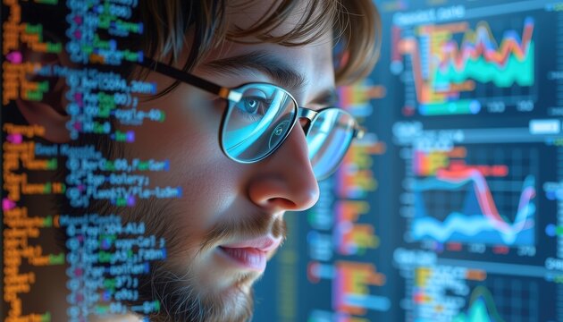 a cinematic close up of a thoughtful programmer gazing at a transparent screen filled with scrolling