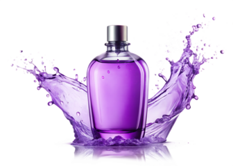  glass bottle with purple violet toilet water and isolated on white background PNG , AI GENERATED