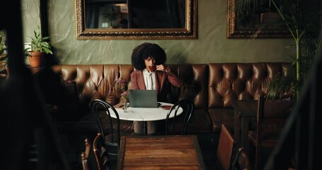 Drink, laptop and business with woman in cafe for remote work, restaurant branding and research. Hospitality, networking and reading with employee in coffee shop for online planning and review - Powered by Adobe