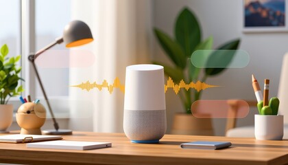 a modern workspace with a voice assistant device displaying animated waveforms while interpreting re