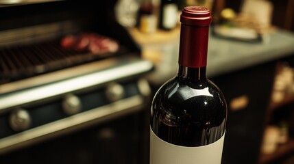 Wine bottle awaits summer grill steak a perfect evening of culinary delight with a blurred dark tone