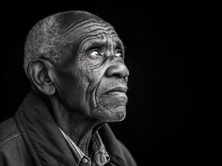 An elderly african american man looks up with a thoughtful expression in monochrome