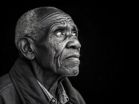 An elderly african american man looks up with a thoughtful expression in monochrome - Powered by Adobe