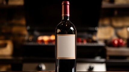 A rich red wine bottle awaiting celebration near the sizzling grill with warm ambient light and